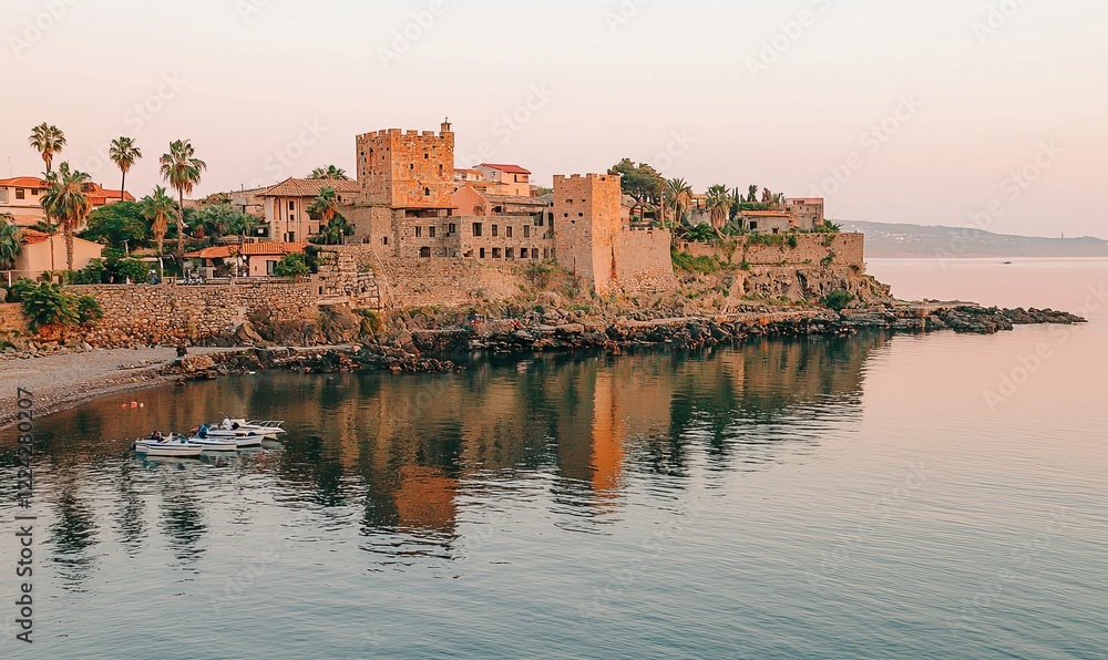 Fototapeta premium Coastal castle at sunset with boat, reflecting in calm sea, historic architecture, tourism