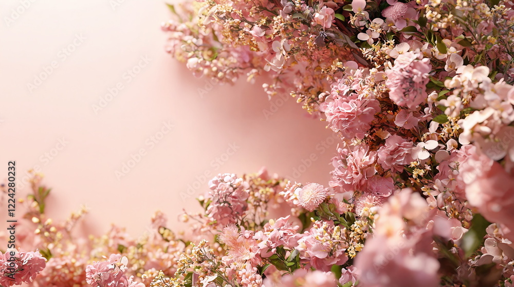 Obraz premium Blossoms arranged in a beautiful display against a soft pink background, creating a serene and delicate floral composition perfect for spring decor.