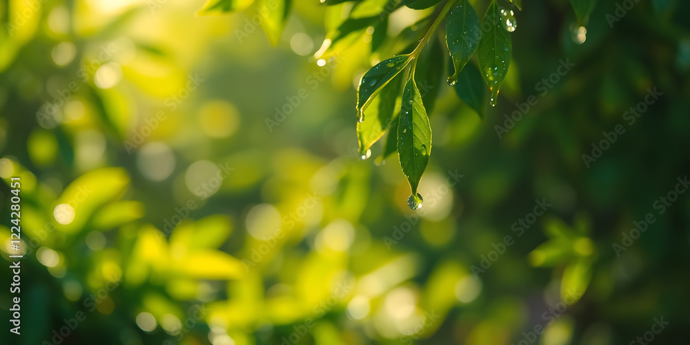 Rain droplets on blurred green foliage with vibrant sunlight creating bokeh effects, 8K resolution. Rain droplets on blurred green foliage with vibrant sunlight creating bokeh effects, 8K resolution.