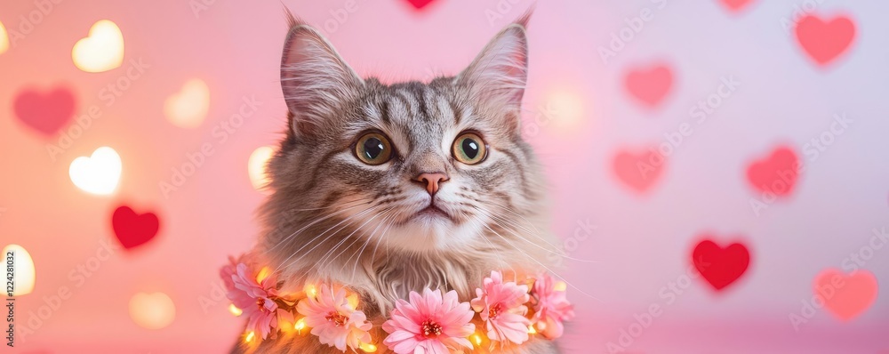 Fototapeta Love your pet day concept. A vibrant portrait of a cat wearing a flower garland, surrounded by glowing hearts