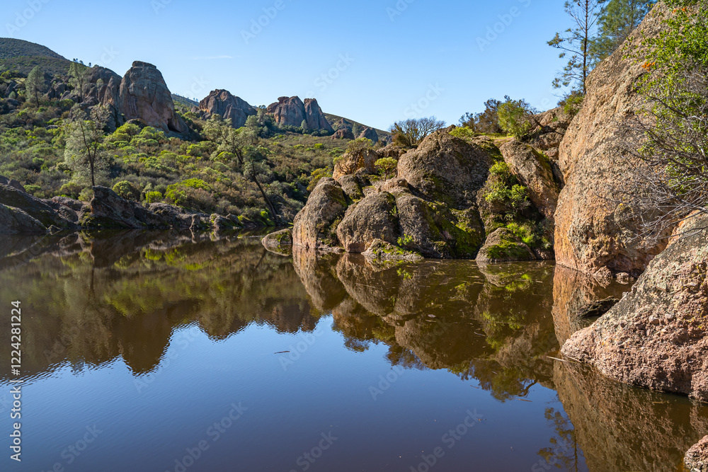 View of Bear Gulch Reservoir. Moses Spring Trail – Bear Gulch Reservoir, Pinnacles National Park View of Bear Gulch Reservoir. Moses Spring Trail – Bear Gulch Reservoir, Pinnacles National Park