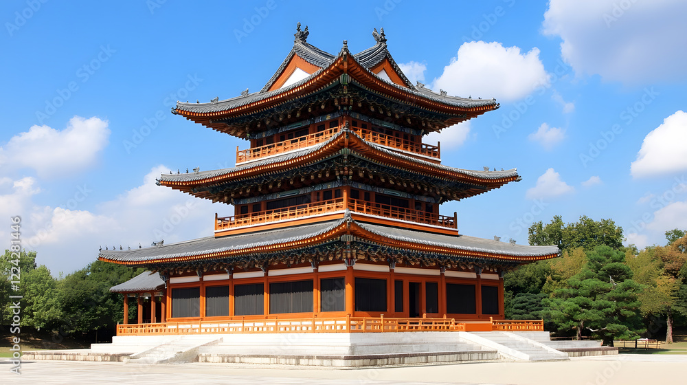 Naklejka premium Traditional Pagoda Architecture under Clear Blue Sky in Peaceful Park Setting : Generative AI