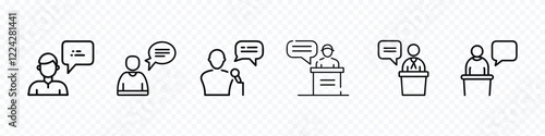 Speaking on the podium icon, speaking icon, Man behind the podium speaks into a microphone, write speech line icon