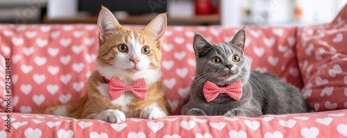 Love your pet day concept. A dog and a cat wearing matching bow ties, sitting on a couch covered in heart-patterned fabric