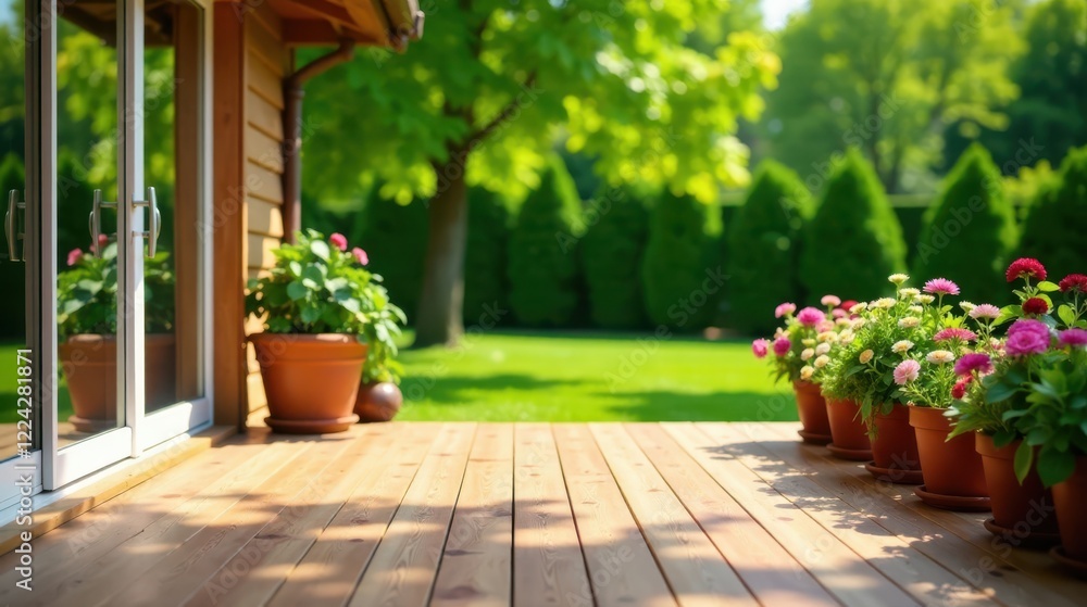 Serene Backyard Patio with Sun-Drenched Deck and Vibrant Blooming Flowers in Terracotta Pots Serene Backyard Patio with Sun-Drenched Deck and Vibrant Blooming Flowers in Terracotta Pots
