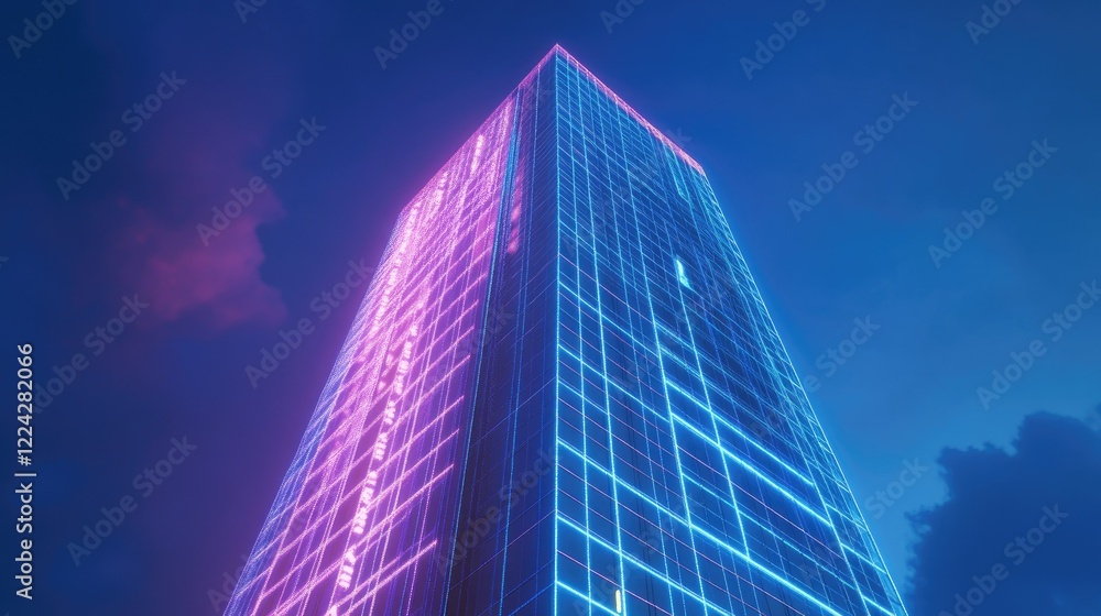 Fototapeta premium Neon-Lit Skyscraper with Futuristic Glowing Lights at Dusk