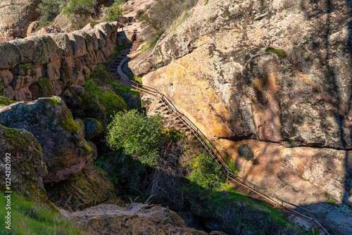 Stairs leading up from the cave. Bear Gulch Caves, Pinnacles National Park, California. photo