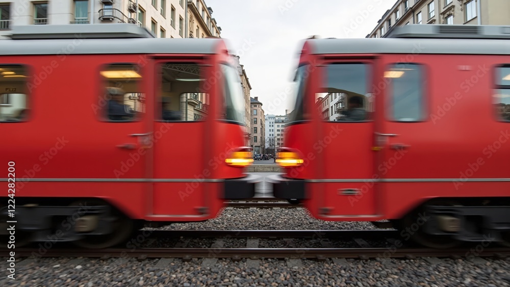 Two red trains passing each other on a city street Two red trains passing each other on a city street