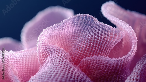 Pink mesh fabric with tiny droplets on a dark background creating a soft dreamy texture