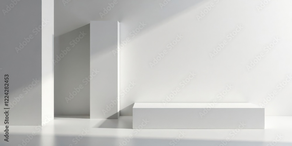 Modern Minimalist White Architectural Scene with Subtle Light and Shadow Play on Blank Display Platforms Modern Minimalist White Architectural Scene with Subtle Light and Shadow Play on Blank Display Platforms