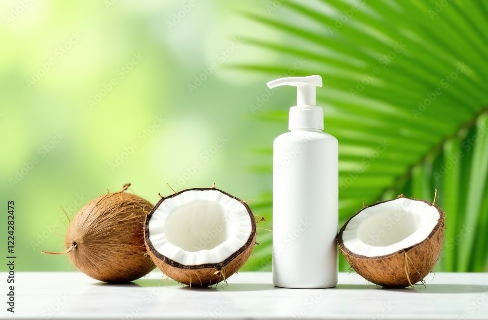 White cosmetic bottle with dispenser and coconuts on a table with palm leaves in the background. Empty space for product placement or advertising text White cosmetic bottle with dispenser and coconuts on a table with palm leaves in the background. Empty space for product placement or advertising text