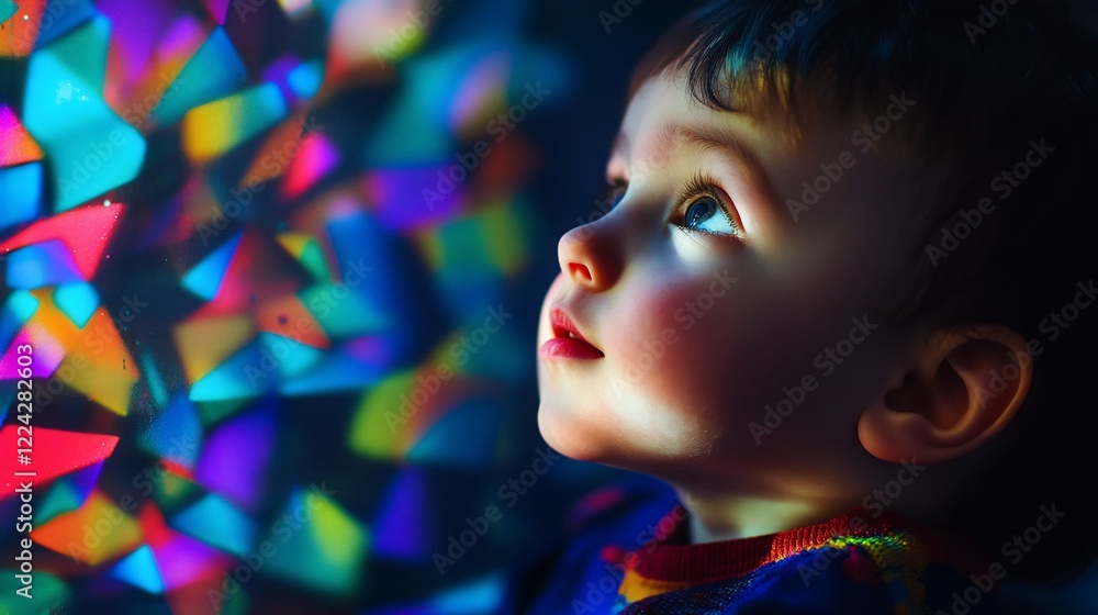 Curious toddler gazing at colorful lights. Curious toddler gazing at colorful lights.