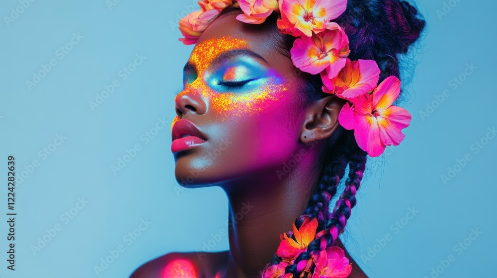 A young Colombian woman posing gracefully with glowing neon makeup and flowers braided into her hair. Studio shot on a white background