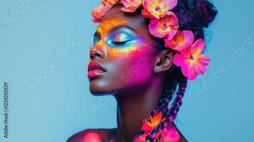 Obraz na płótnie A young Colombian woman posing gracefully with glowing neon makeup and flowers braided into her hair. Studio shot on a white background w salonie