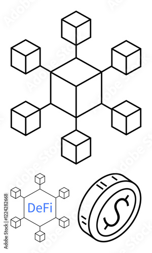 Interconnected cubes showcase blockchain structure alongside digital coin and DeFi text. Ideal for cryptocurrency, decentralization, fintech, technology, blockchain, investments, and finance abstract