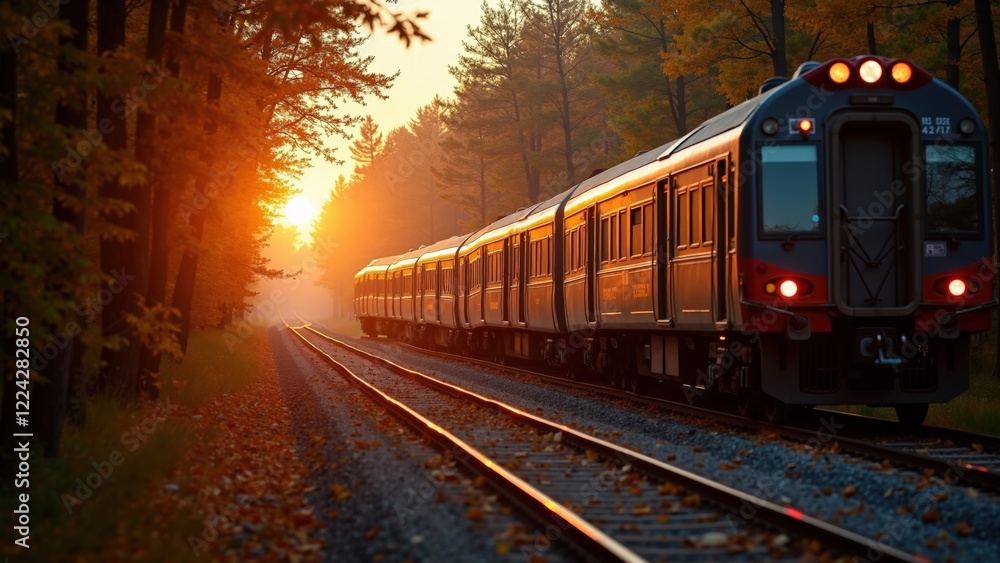 A train traveling through a forest at sunset, with the sun setting behind the trees A train traveling through a forest at sunset, with the sun setting behind the trees