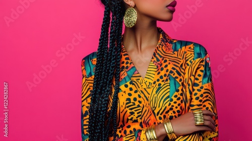 Close-up of a fashionable woman in a bold patterned jumpsuit, her hair styled in long box braids adorned with gold cuffs, standing against a vibrant pink background photo