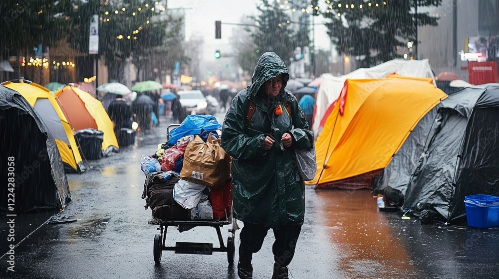 Obraz premium A homeless woman pushes a cart filled with belongings through a rain-soaked street lined with makeshift tents and shelters, highlighting urban poverty and the struggles of homelessness