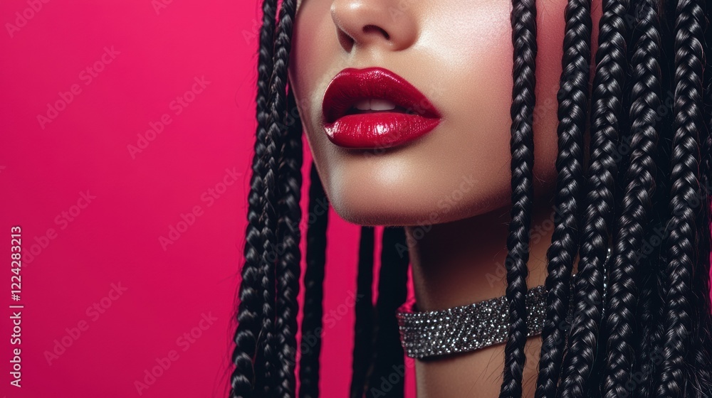 Close-up of a woman with long braided extensions decorated with silver cuffs, her lips glowing with a bold red gloss, standing confidently against a vibrant pink background Close-up of a woman with long braided extensions decorated with silver cuffs, her lips glowing with a bold red gloss, standing confidently against a vibrant pink background