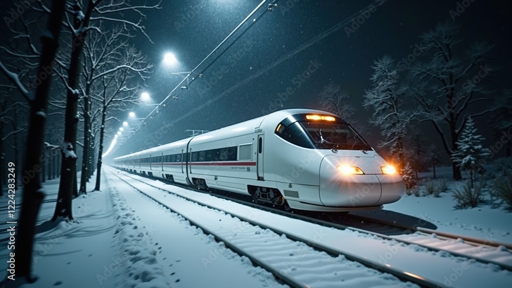 Naklejka premium A sleek, white high-speed train traveling through a snowy landscape at night, with snow-covered trees and a dark sky