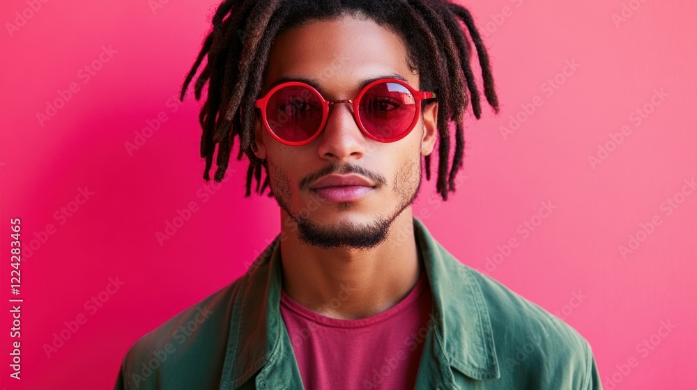 Close-up portrait of a serious young man with natural dreadlocks, wearing a green casual jacket and red oval sunglasses, standing against a vibrant pink background, emphasizing individuality and styl Close-up portrait of a serious young man with natural dreadlocks, wearing a green casual jacket and red oval sunglasses, standing against a vibrant pink background, emphasizing individuality and styl