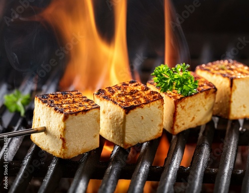 Delicious grilled paneer cubes on fire barbecue grill