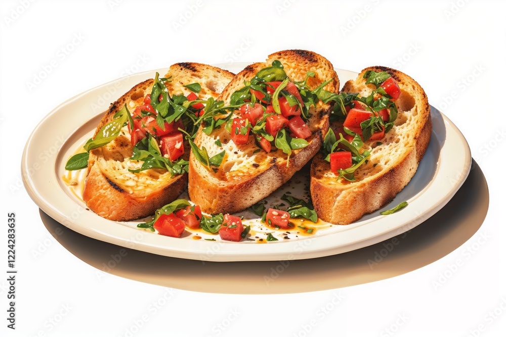 Crispy golden bruschetta topped with diced tomatoes, fresh herbs, served on a white plate.Italian food menus, quick snack recipes, or summer appetizer inspiration. Simplicity. Freshness. culinary cla
Crispy golden bruschetta topped with diced tomatoes, fresh herbs, served on a white plate.Italian food menus, quick snack recipes, or summer appetizer inspiration. Simplicity. Freshness. culinary cla