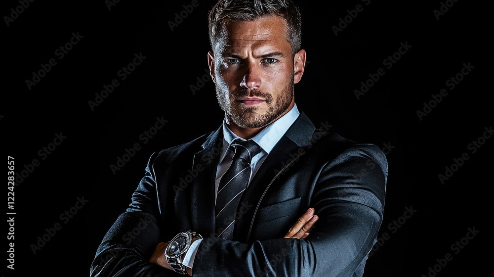 Obraz premium Confident businessman, arms crossed, dark background, corporate portrait, professional headshot