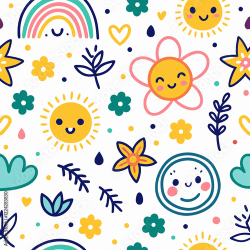 Happy sun, rainbow, flowers seamless pattern.