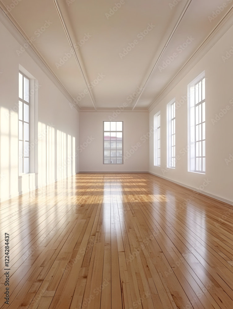 Fototapeta premium Spacious Sunlit Empty Room with Polished Hardwood Floors and Tall Windows : Generative AI