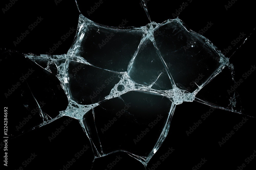 Shattered Glass Effect on Black Background with Cracks and Reflections Shattered Glass Effect on Black Background with Cracks and Reflections