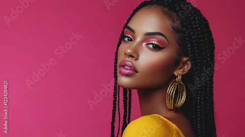 Obraz na płótnie Portrait of a young African woman with long box braids adorned with gold cuffs, wearing bold statement earrings and vibrant makeup, standing confidently against a bright pink studio background w salonie