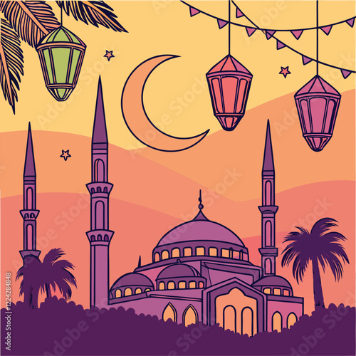 Create a vibrant Ramadan scene featuring a crescent moon, lanterns, and a mosque at sunset