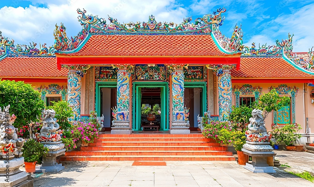 Naklejka premium Colorful Chinese temple entrance with ornate details, statues, and flowers under a blue sky