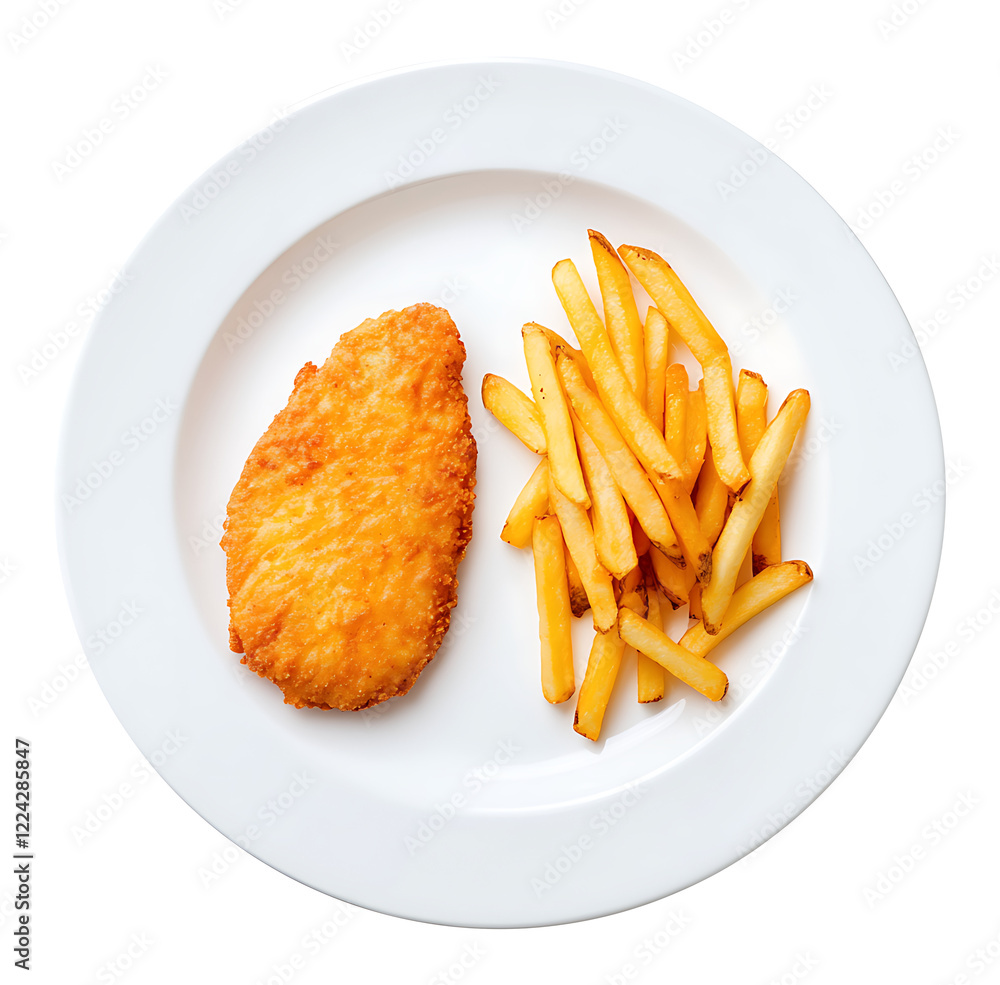 Delicious crispy chicken breast with golden french fries.