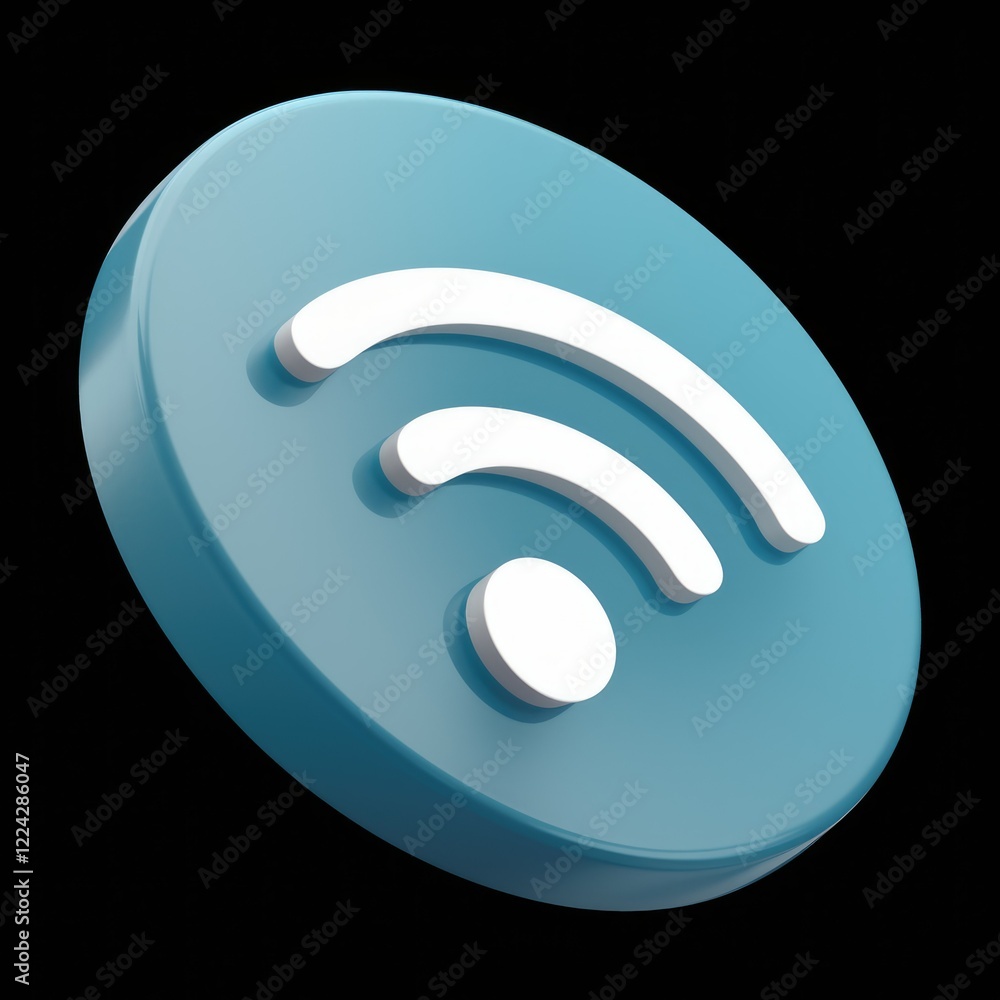 A 3D rendering of a white WiFi symbol on a blue circle. A 3D rendering of a white WiFi symbol on a blue circle.