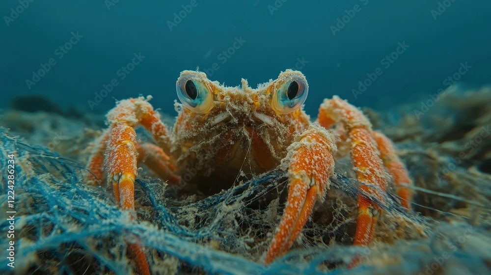 Orange crab trapped in fishing net, underwater. Illustrates ocean pollution and its impact on marine life. Orange crab trapped in fishing net, underwater. Illustrates ocean pollution and its impact on marine life.