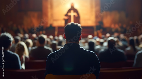 Audience Watching a Pastor Deliver a Sermon in a Church with Atmospheric Lighting : Generative AI photo