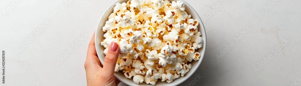 Hand Holding Bowl of Freshly Popped Buttered Popcorn on Table Hand Holding Bowl of Freshly Popped Buttered Popcorn on Table