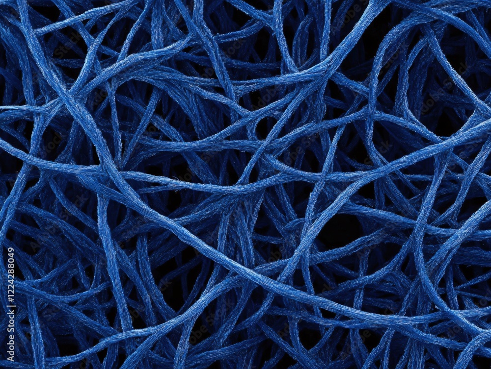 Abstract blue fibers forming a complex network against a dark background creating a textured look Abstract blue fibers forming a complex network against a dark background creating a textured look