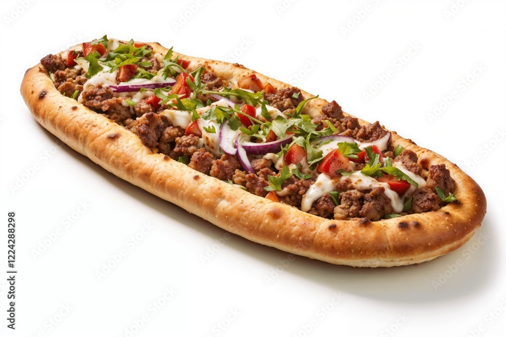 Pide Kusbashi - Turkish flatbread with minced meat and vegetables.Turkish food, savory meal, pita-style bread, Mediterranean feast.Flavorful tradition. Mediterranean cuisine. Savory delight. Pide Kusbashi - Turkish flatbread with minced meat and vegetables.Turkish food, savory meal, pita-style bread, Mediterranean feast.Flavorful tradition. Mediterranean cuisine. Savory delight.
