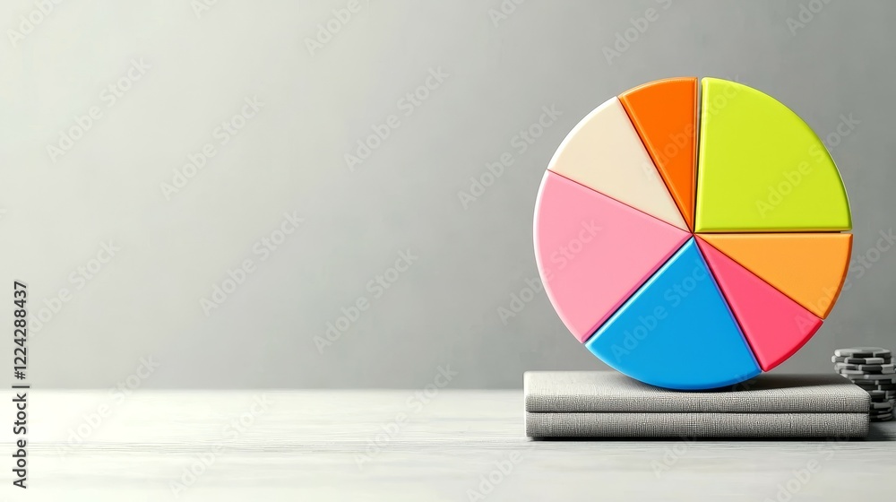 Fototapeta premium Marketing and Icon concept. Colorful pie chart on a stack of notebooks against a neutral background.