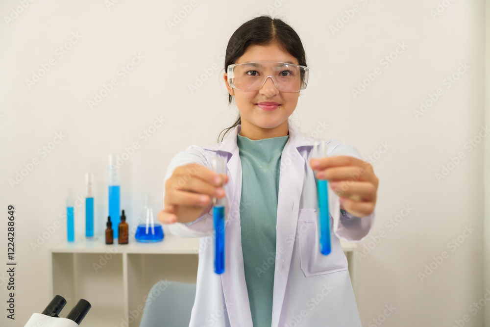 Cute Caucasian schoolgirl wearing white scientist outfit standing in school science classroom holding two test tubes filled with blue liquid, expressing curiosity, enthusiasm for scientific learning,