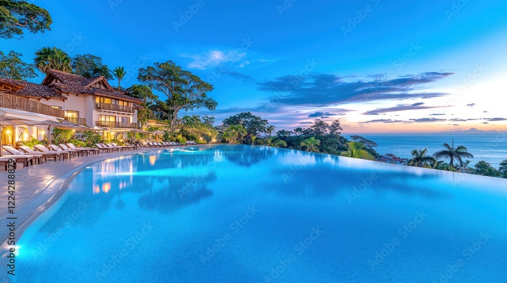 Fototapeta premium Exotic Hotel Resort: Panoramic View of Azure Sea, Tropical Gardens & Infinity Pool on Sunny Summer Day - Breathtaking!