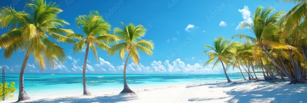 Fototapeta premium Tropical Beach Scene with Swaying Palm Trees and Crystal Clear Water
