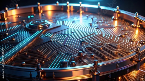 Close-up of wireframe drumhead with intricate details and glowing circuitry, wireframe, drumhead, wireframe