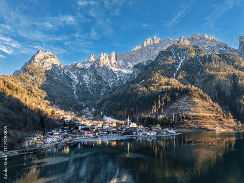 Aerial drone view of the Alleghe village, Italy in daylight