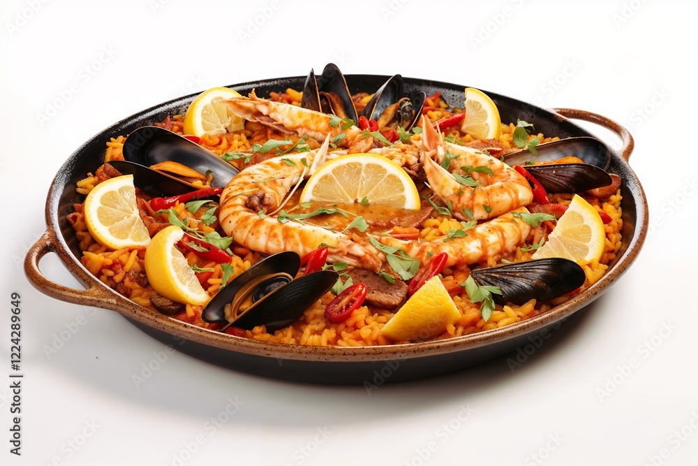 Paella with shrimp, mussels, lemon, and saffron rice in a large skillet. Spanish cuisine, traditional dish, gourmet seafood, Mediterranean meal. Celebration. Seafood. Mediterranean flavors. Paella with shrimp, mussels, lemon, and saffron rice in a large skillet. Spanish cuisine, traditional dish, gourmet seafood, Mediterranean meal. Celebration. Seafood. Mediterranean flavors.