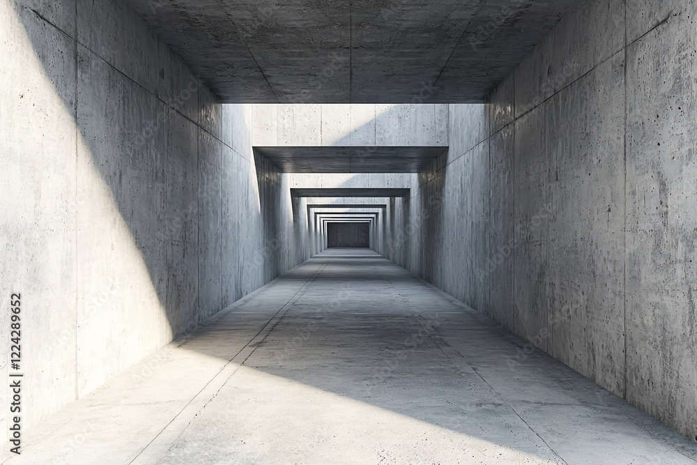 Fototapeta premium A modern concrete corridor with geometric shapes and shadows, creating a sense of depth and perspective