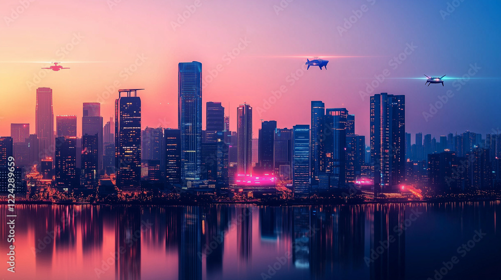 Fototapeta premium A sci-fi-inspired city skyline with glowing neon lights, flying vehicles, and towering skyscrapers reflecting the warm hues of the setting sun. Space for text in the lower foreground